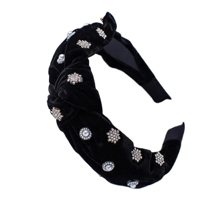 Blackpink Jennie rhinestone pearl velvet black bow headband dupe