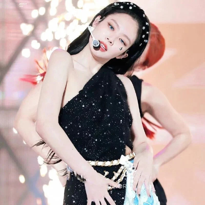 Blackpink Jennie rhinestone pearl velvet black bow headband dupe