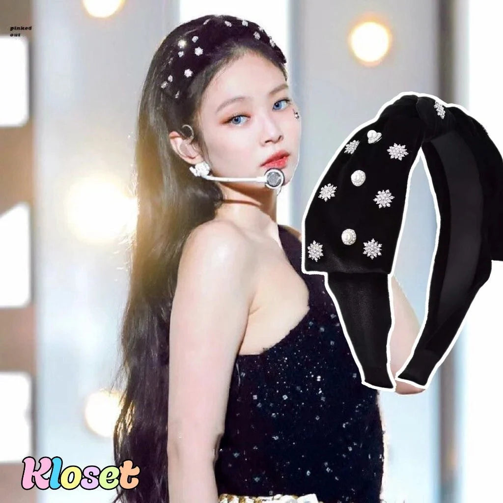 Blackpink Jennie rhinestone pearl velvet black bow headband dupe