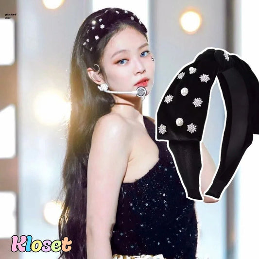 Blackpink Jennie rhinestone pearl velvet black bow headband dupe