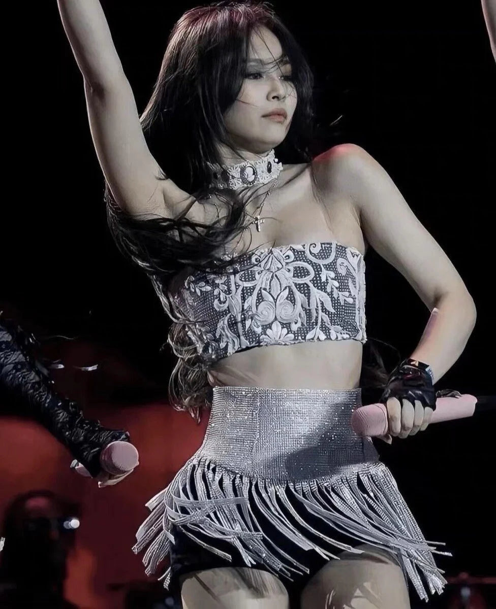 Blackpink Jennie Coachella rhinestone crop top silver chain tassel diamond skirt set stage outfit dupe/costume
