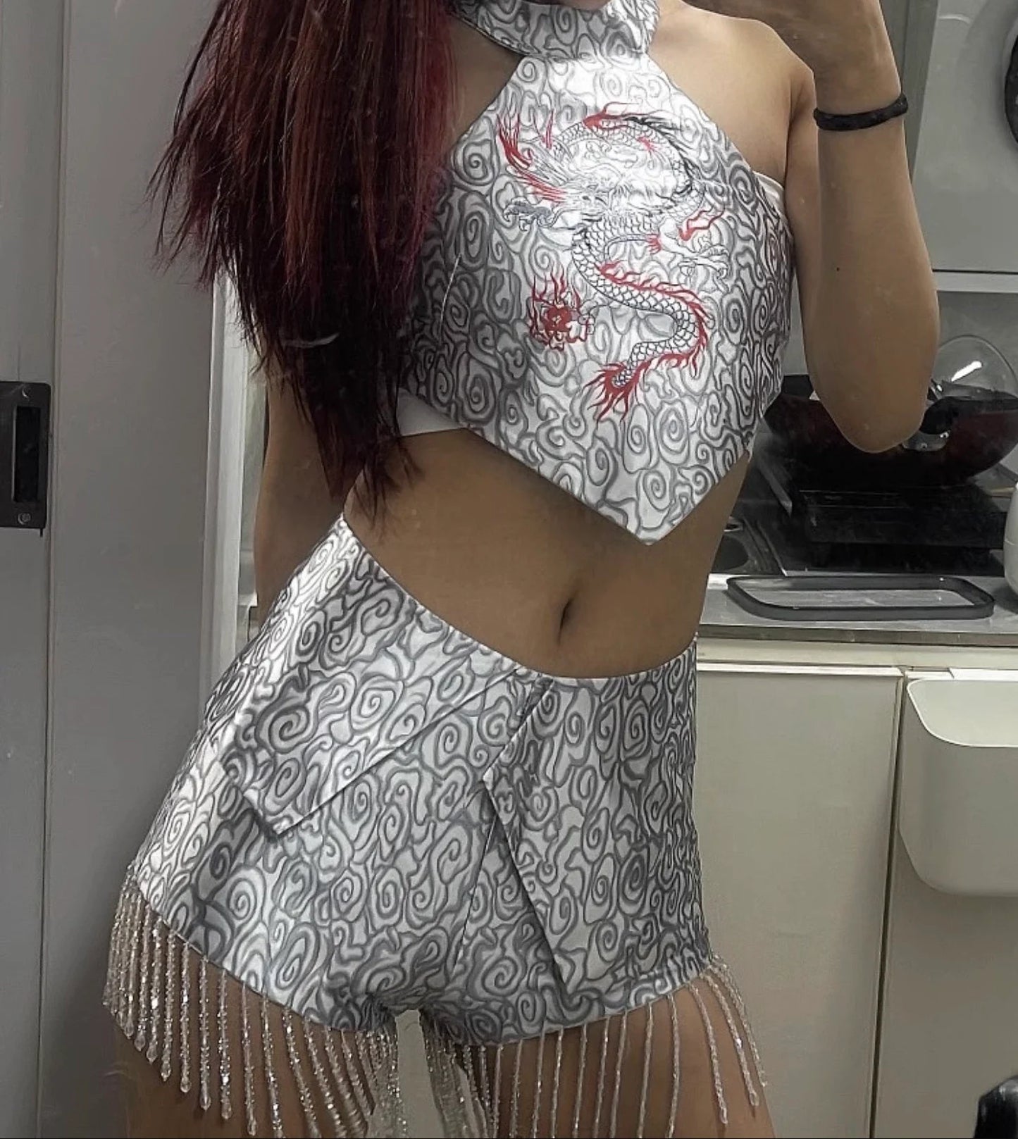 Blackpink Lisa silver dragon embroidered matching set tour stage outfit/dupe/costume