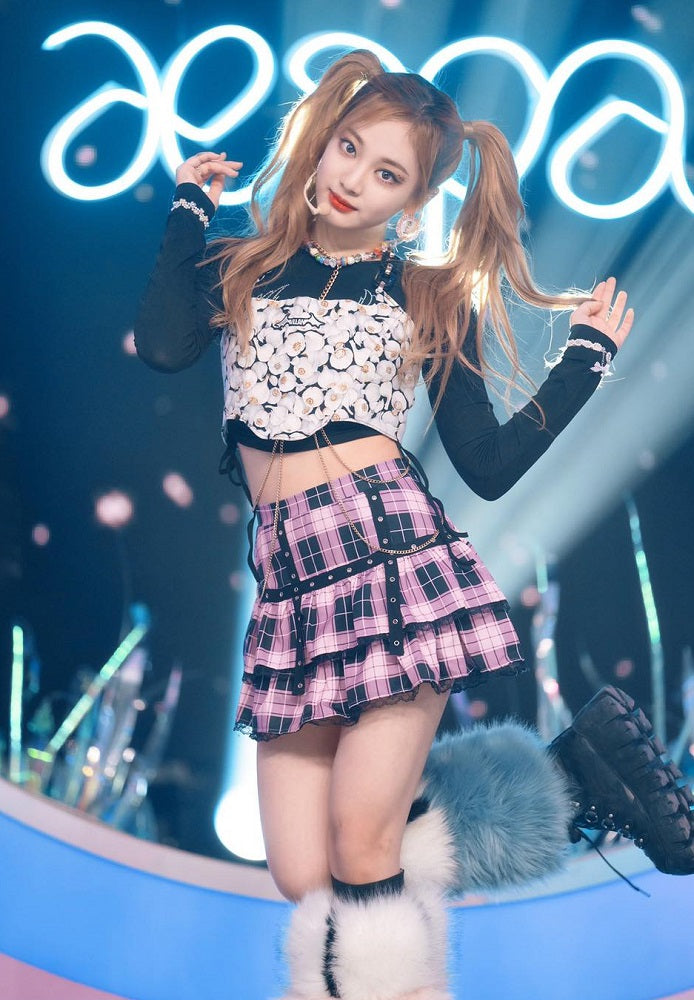 Custom Kpop Aespa NingNing purple plaid black lace y2k skirt dupe/costume/stage outfit