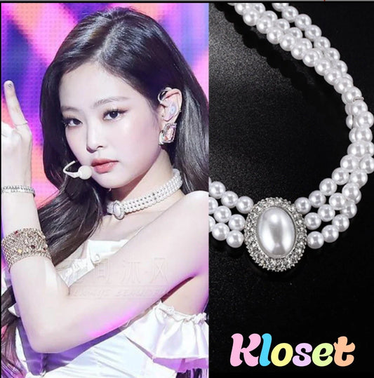 Blackpink Jennie silver rhinestoned Pearl layered choker necklace dupe