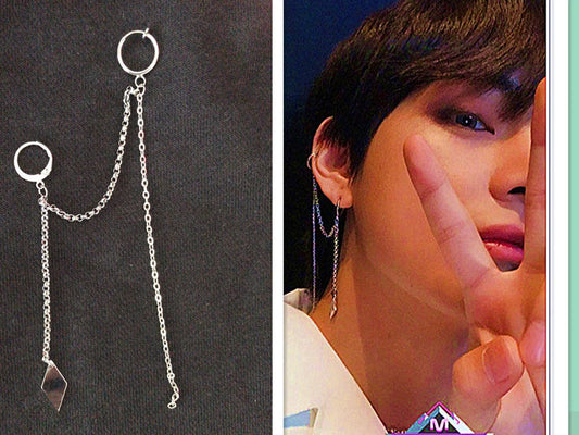 BTS V Kim Tae-hyung Tassel silver cartilage clip on earrings