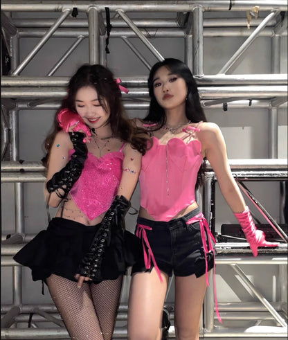 Custom Kpop Blackpink Lisa concert tour hot pink rhinestone satin matching heart crop top skirt set costume