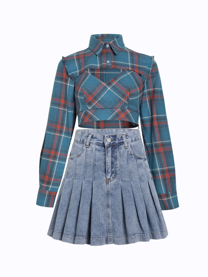 Blackpink Lisa Green Plaid Denim set